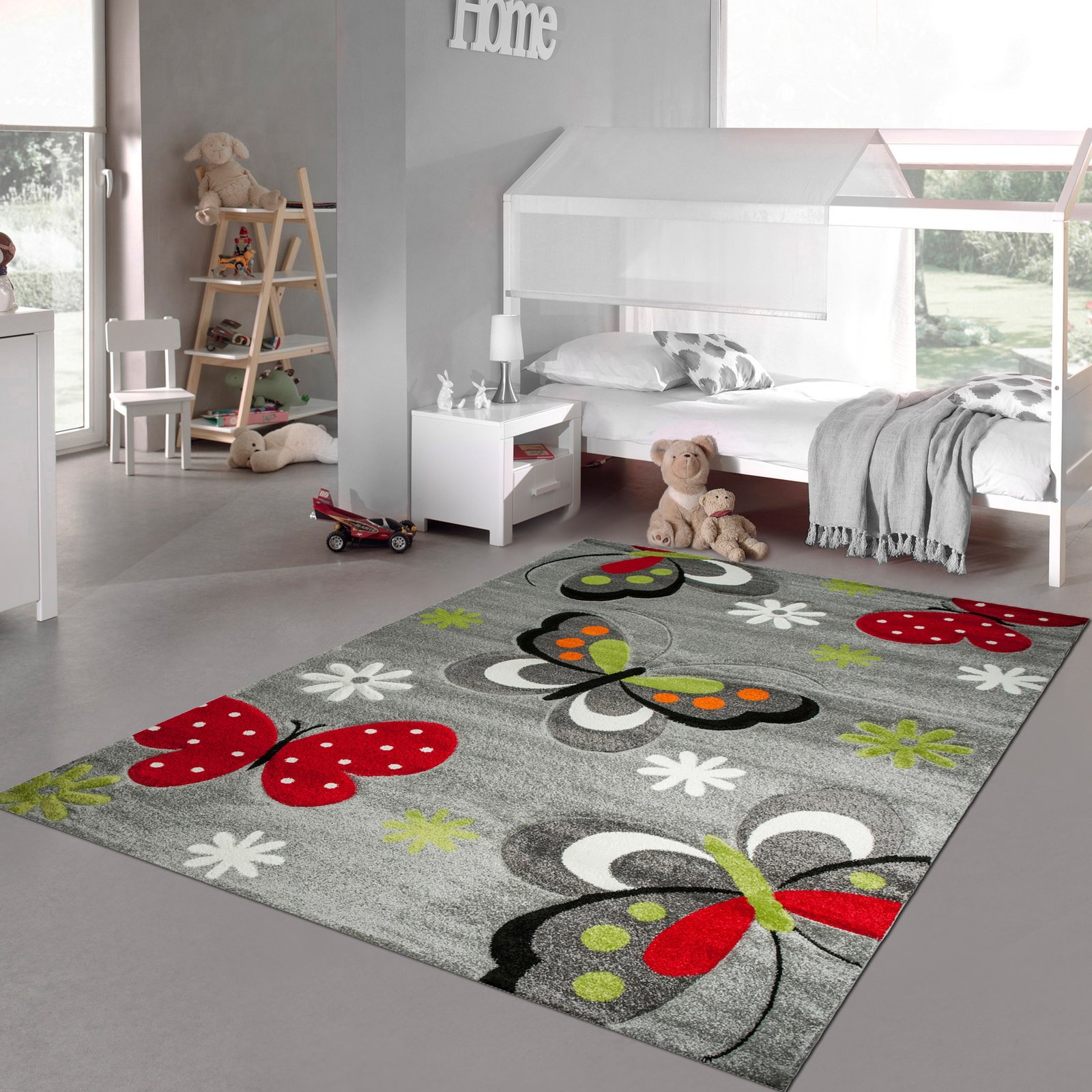 Kids' Room Butterfly Rug, Grey with Red/Green Accents, Contour-Cut, Design 772/095