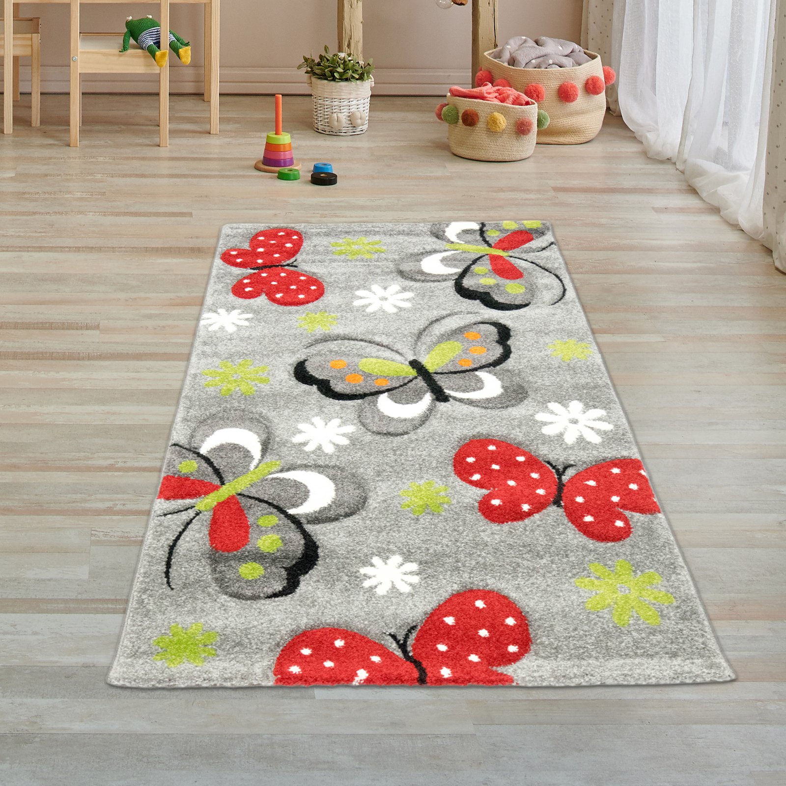 Kids' Room Butterfly Rug, Grey with Red/Green Accents, Contour-Cut, Design 772/095, photo 2