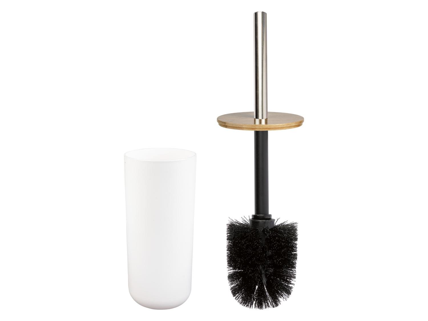 LIVARNO home Toilet Brush Set – White with Bamboo Lid and Stainless Steel Handle, photo 3