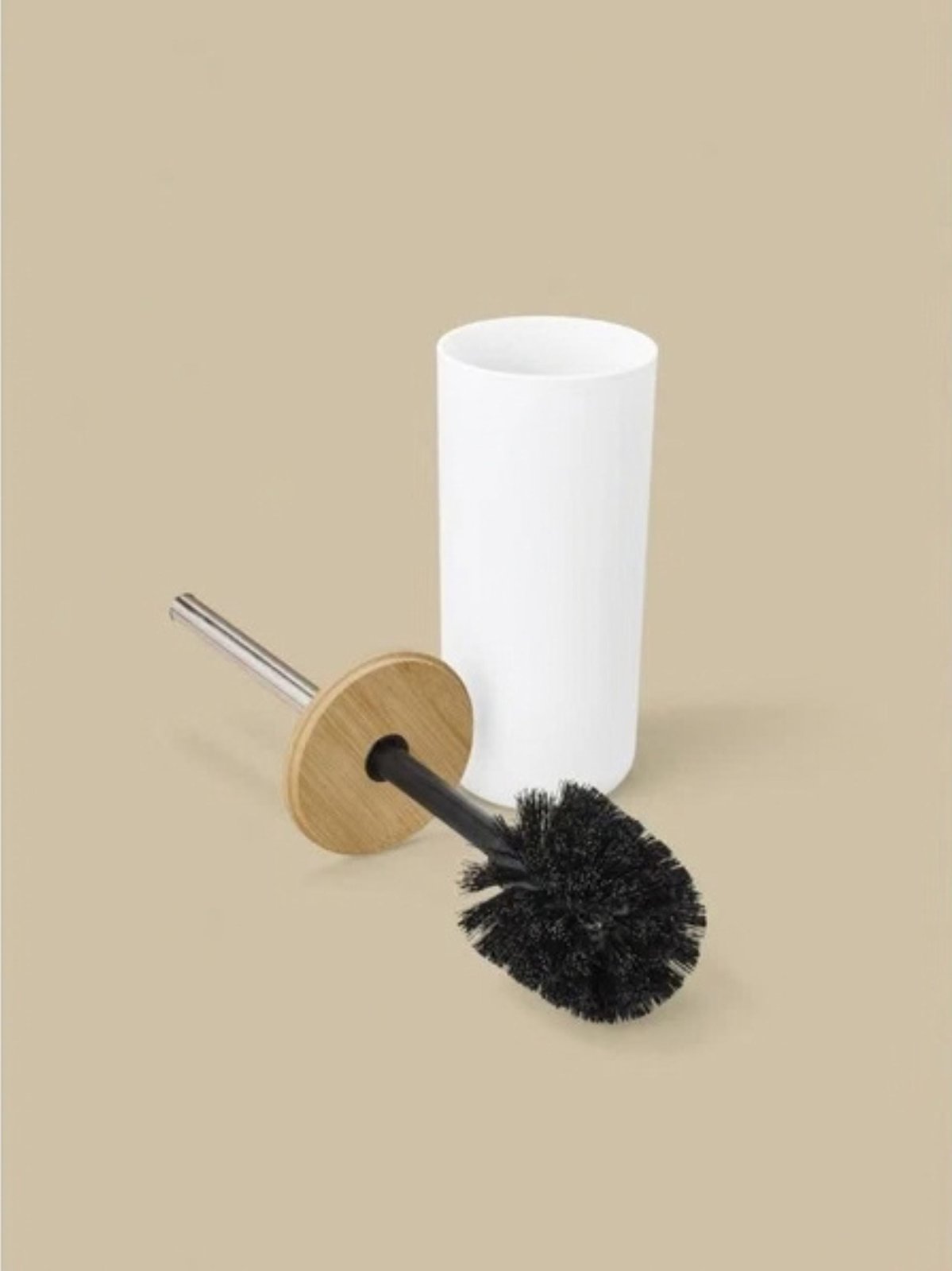 LIVARNO home Toilet Brush Set – White with Bamboo Lid and Stainless Steel Handle, photo 4