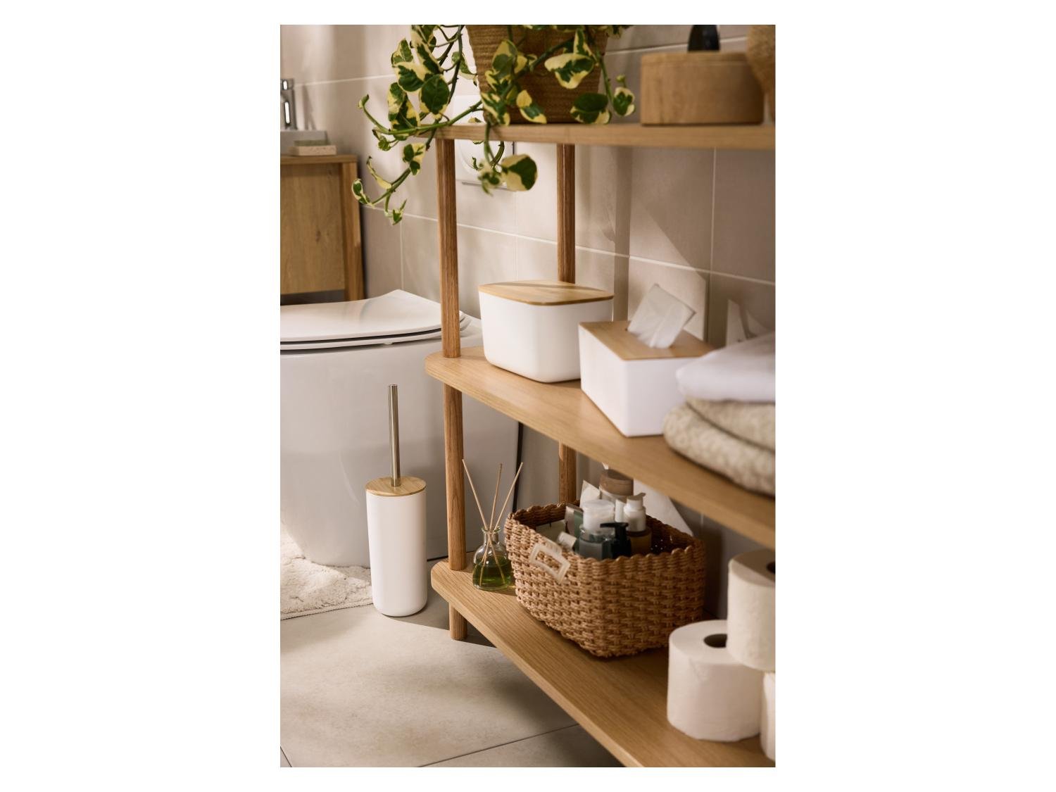 LIVARNO home Toilet Brush Set – White with Bamboo Lid and Stainless Steel Handle, photo 6